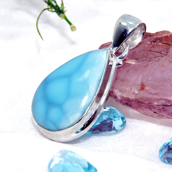 Larimar Sterling Silver Pendant Necklace, Handmade Silver Larimar Pendants - Picture 2 of 4